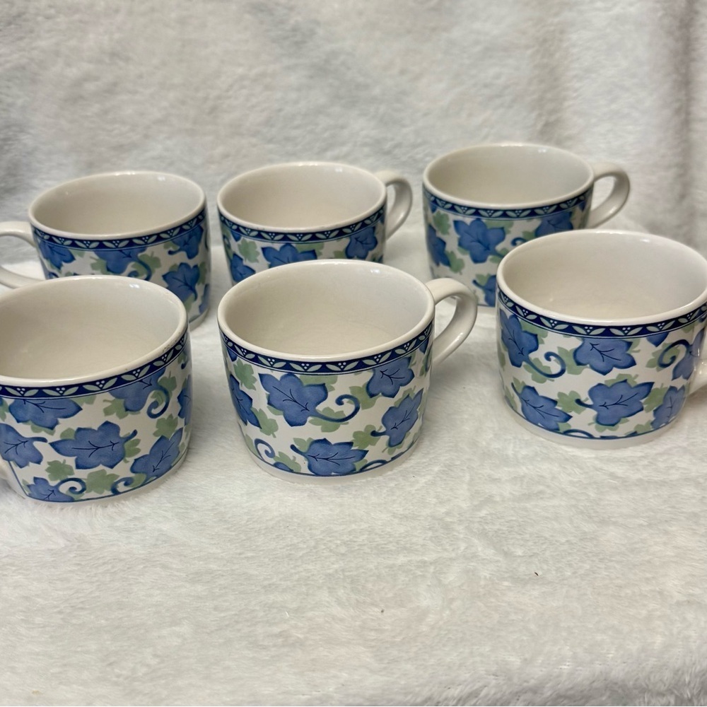 6 Vintage Pfaltzgraff Blue Isle Dinnerware 3 3/8" Cup White Blue  Ivy Leaves